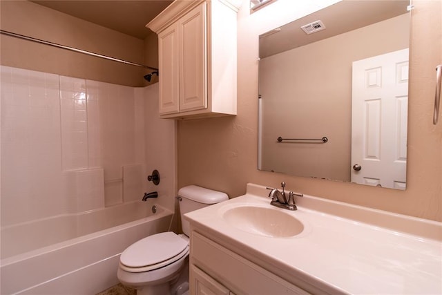 bathroom with toilet, shower / tub combination, vanity, and visible vents