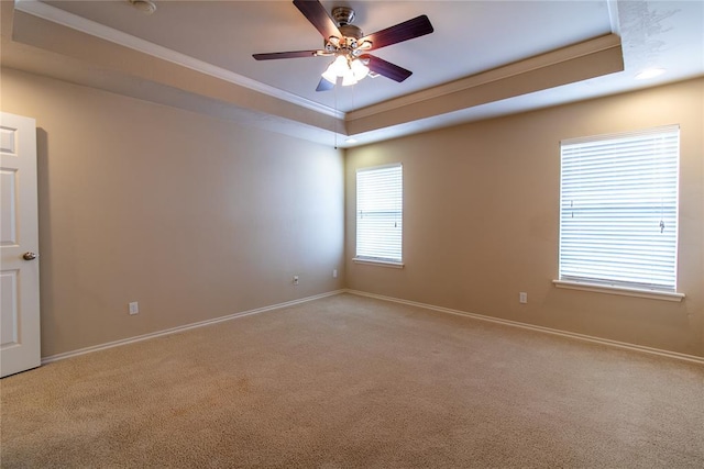 spare room featuring light carpet, a tray ceiling, baseboards, and crown molding