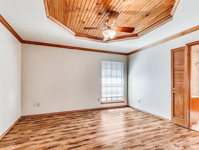 unfurnished room featuring wood ceiling, a tray ceiling, and wood finished floors