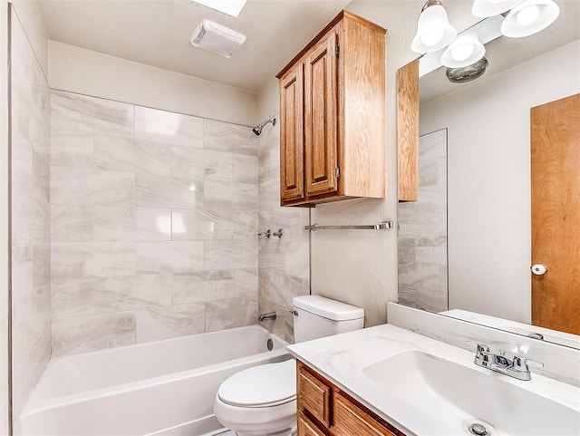 bathroom with toilet, shower / tub combination, visible vents, and vanity