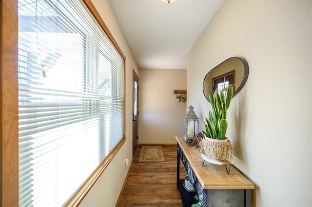 entryway with dark wood-style flooring and baseboards