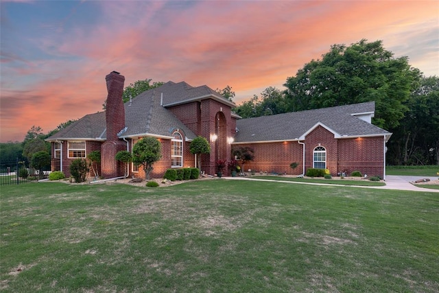 view of front of property with brick siding, a lawn, a chimney, and fence