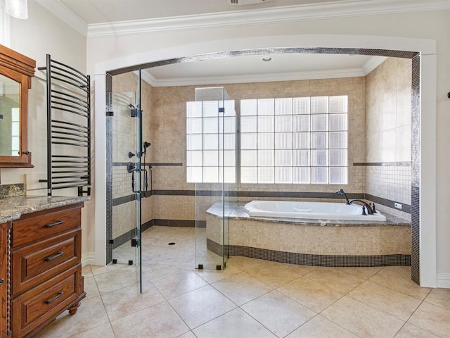 bathroom with radiator, ornamental molding, a shower stall, vanity, and a bath