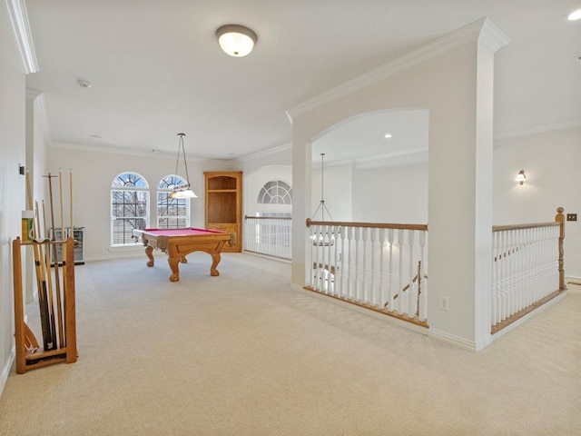 rec room with ornamental molding, carpet, billiards, and baseboards