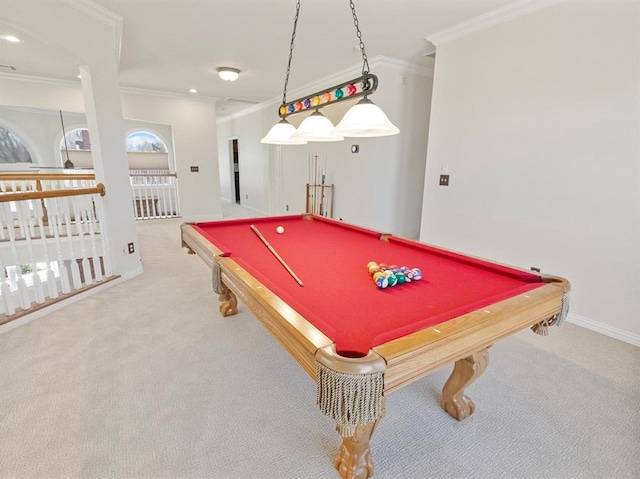 recreation room featuring baseboards, ornamental molding, pool table, carpet flooring, and recessed lighting