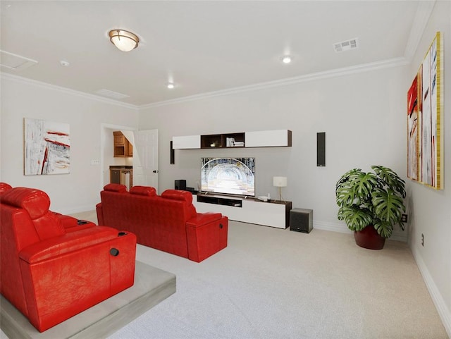 living area featuring baseboards, carpet flooring, and crown molding