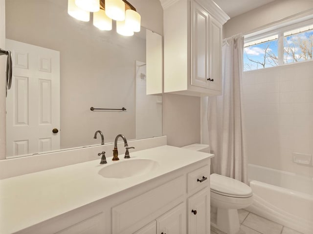 bathroom with toilet, tile patterned flooring, shower / bath combo with shower curtain, and vanity