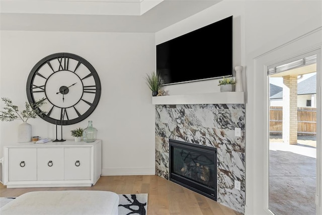 living room with baseboards, wood finished floors, and a glass covered fireplace