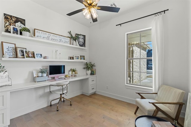 office with ceiling fan, visible vents, baseboards, light wood-type flooring, and built in study area