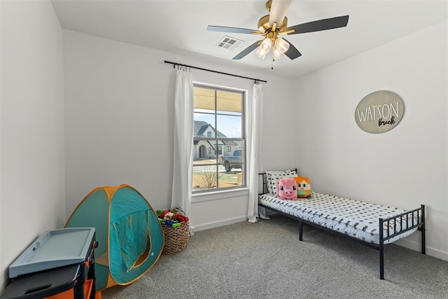 bedroom featuring carpet, visible vents, ceiling fan, and baseboards