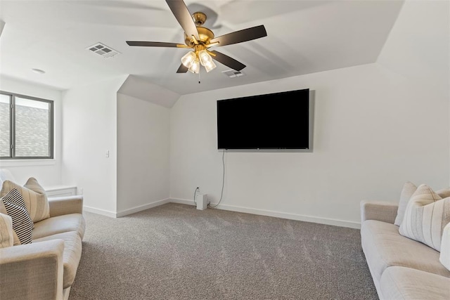 living area with baseboards, visible vents, ceiling fan, and carpet flooring