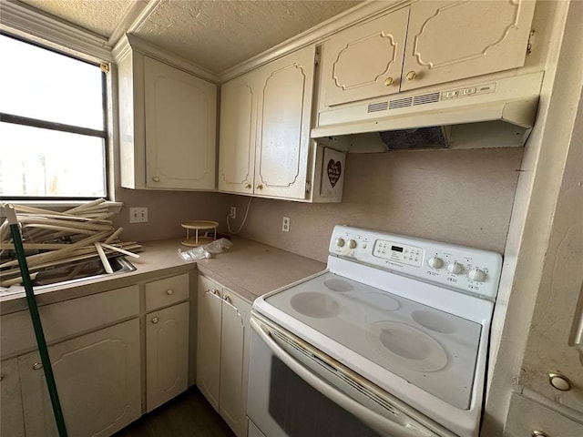 kitchen featuring light countertops, a sink, white electric range oven, and under cabinet range hood