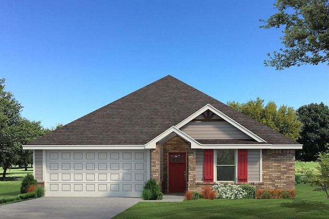 exterior space featuring driveway, stone siding, an attached garage, and a front yard