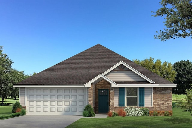 view of front facade featuring a shingled roof, concrete driveway, an attached garage, and a front lawn