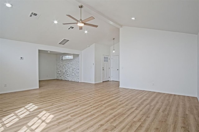 unfurnished living room with visible vents, a ceiling fan, light wood-style floors, high vaulted ceiling, and beam ceiling