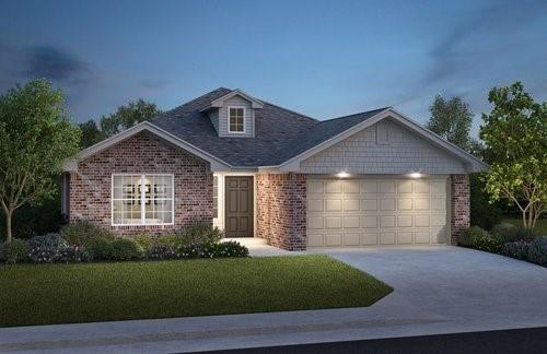 view of front of home featuring driveway, an attached garage, a front lawn, and brick siding