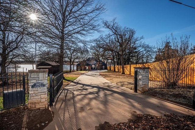 view of road featuring driveway, a gated entry, and a gate