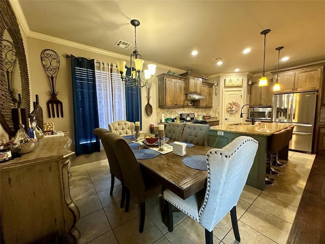 dining room with recessed lighting, visible vents, a chandelier, and ornamental molding