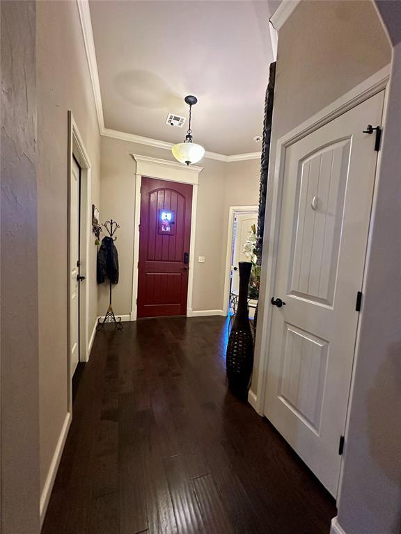 doorway with baseboards, dark wood finished floors, visible vents, and crown molding