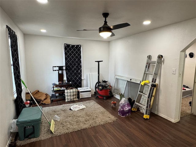 rec room with a ceiling fan, recessed lighting, baseboards, and wood finished floors