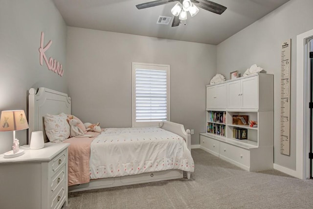 bedroom with carpet, visible vents, ceiling fan, and baseboards