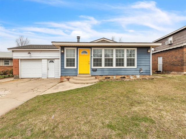 ranch-style house with a front yard, driveway, an attached garage, and entry steps