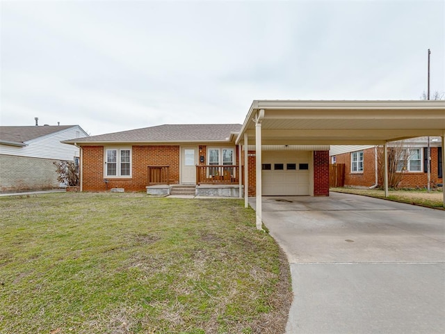 ranch-style home with a front yard, brick siding, driveway, and an attached garage