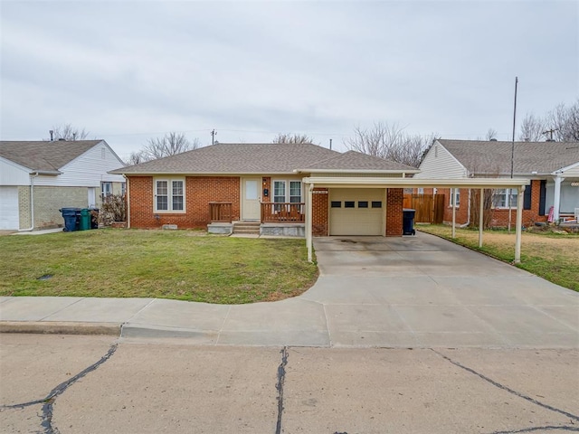 ranch-style house with concrete driveway, roof with shingles, an attached garage, a front yard, and brick siding