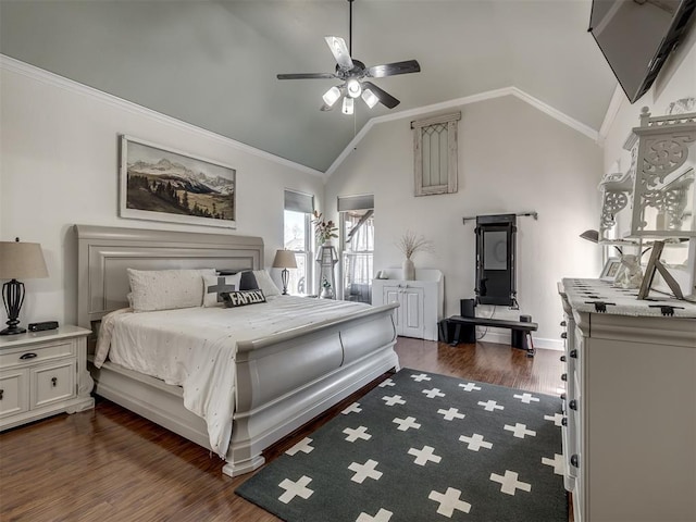 bedroom with dark wood-style floors, baseboards, ornamental molding, and vaulted ceiling