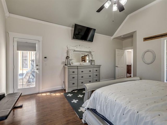 bedroom with baseboards, a ceiling fan, dark wood-style flooring, vaulted ceiling, and crown molding