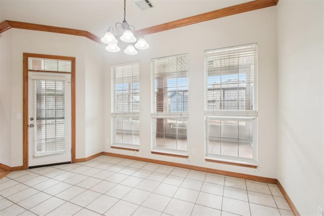 doorway to outside featuring light tile patterned floors, baseboards, visible vents, lofted ceiling, and an inviting chandelier