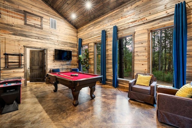 rec room featuring high vaulted ceiling, billiards, wooden walls, concrete floors, and wooden ceiling