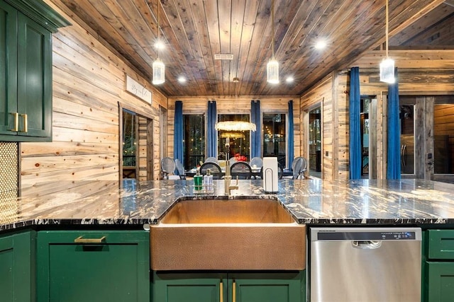 kitchen with green cabinets, wood walls, dishwasher, wood ceiling, and a sink