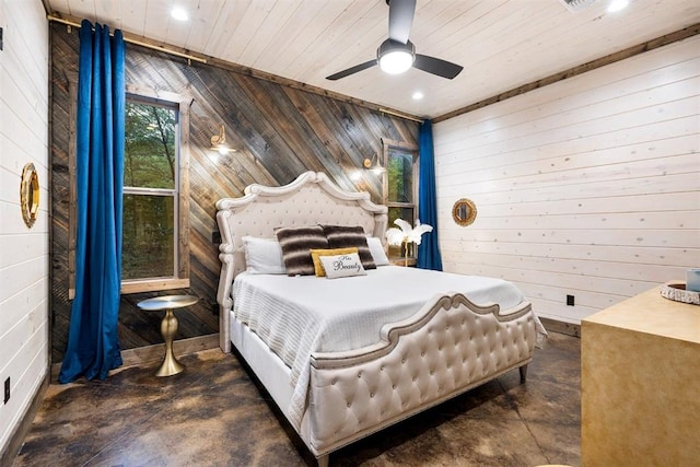 bedroom featuring recessed lighting, wooden walls, concrete floors, and wooden ceiling