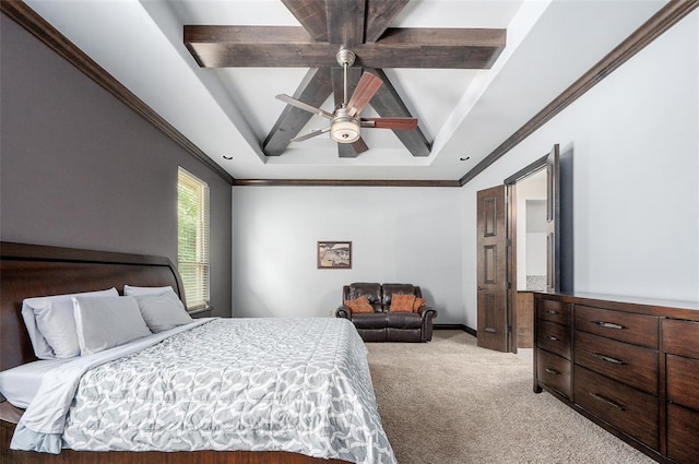 bedroom with light carpet, ornamental molding, coffered ceiling, and beam ceiling