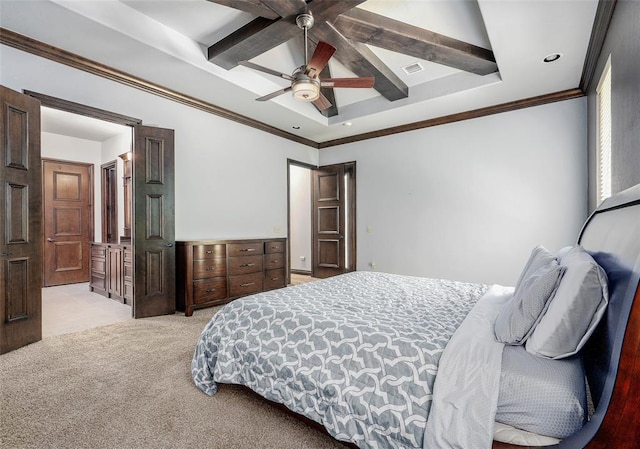 bedroom with light carpet, visible vents, a ceiling fan, ornamental molding, and a tray ceiling