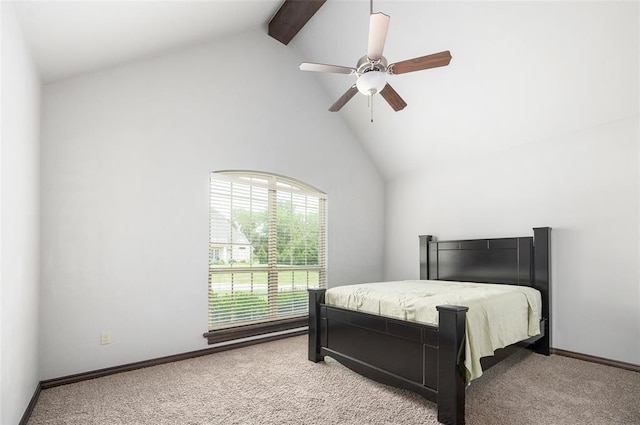 bedroom featuring high vaulted ceiling, carpet floors, a ceiling fan, baseboards, and beamed ceiling