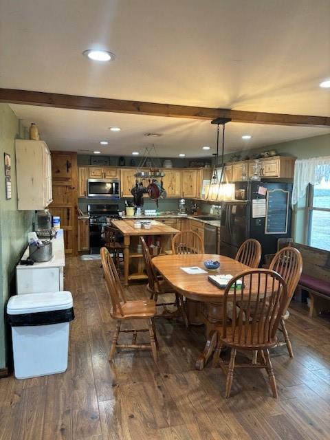 dining area with recessed lighting, beamed ceiling, and dark wood-style flooring