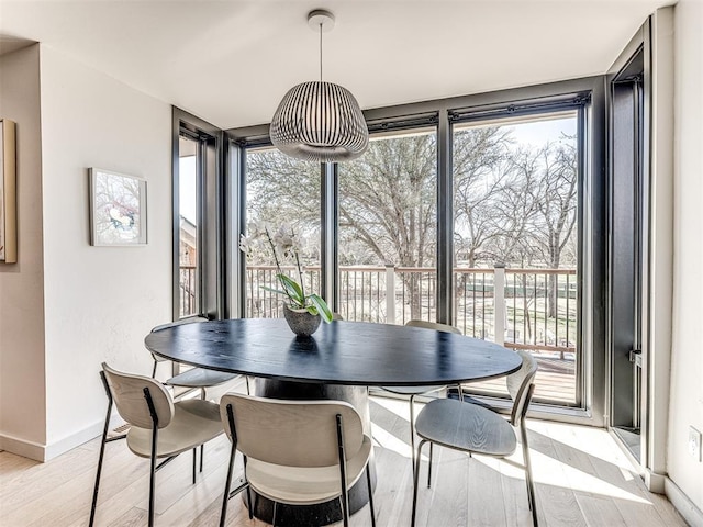 dining space featuring a wall of windows, a wealth of natural light, baseboards, and light wood finished floors