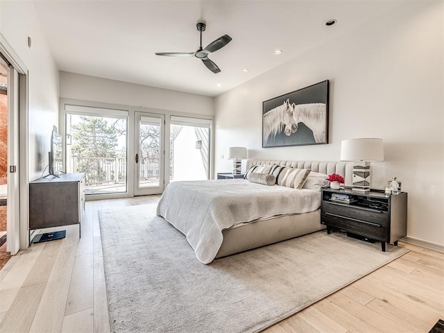 bedroom with recessed lighting, ceiling fan, light wood-style floors, and access to outside