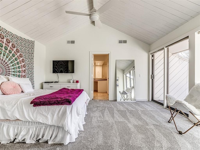 bedroom with access to exterior, vaulted ceiling, visible vents, and light carpet