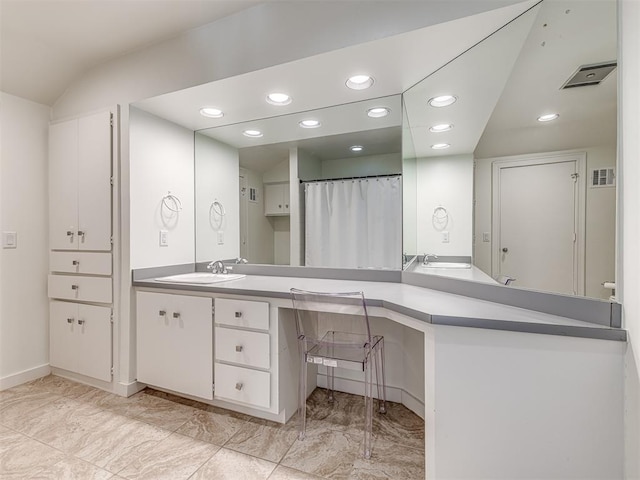 full bathroom featuring visible vents, double vanity, recessed lighting, a sink, and marble finish floor