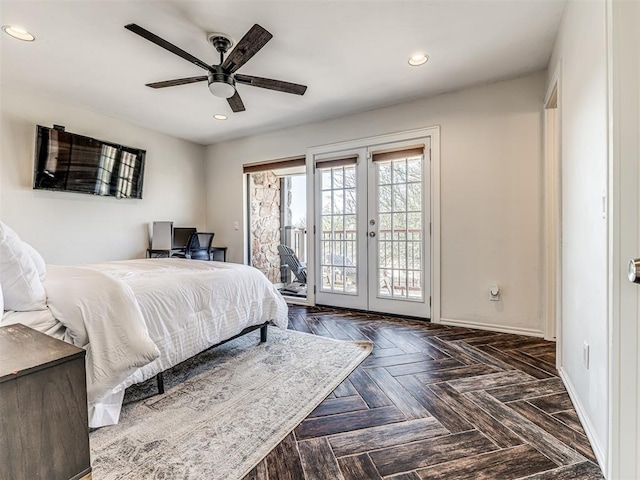 bedroom with access to exterior, recessed lighting, french doors, and baseboards