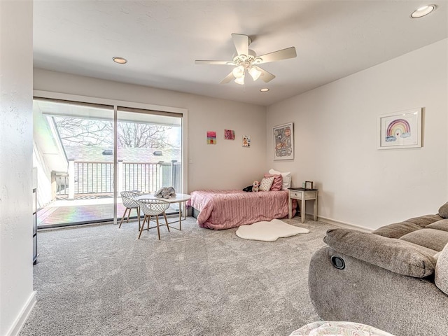 bedroom with access to exterior, recessed lighting, baseboards, and carpet floors