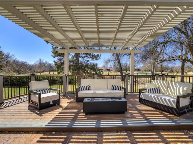 deck with a pergola and an outdoor hangout area