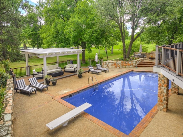 3108 Brush Creek Rd, Oklahoma City, OK 73120 - view of pool featuring a pergola, an outdoor hangout area, a diving board, a patio area, and view of scattered trees