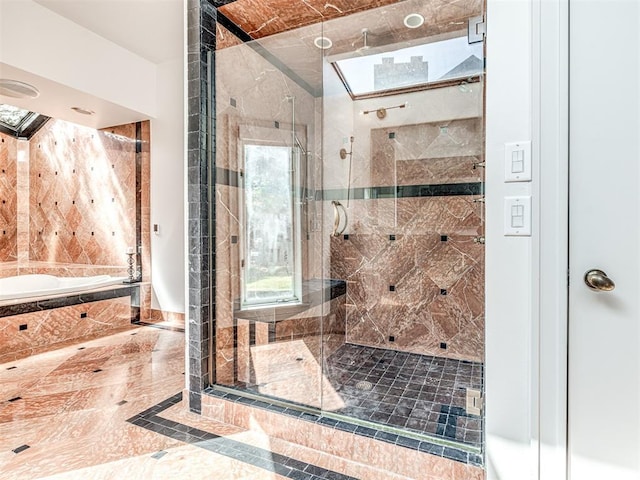 3108 Brush Creek Rd, Oklahoma City, OK 73120 - full bath with a stall shower, a garden tub, inlaid floor details, and marble finish flooring