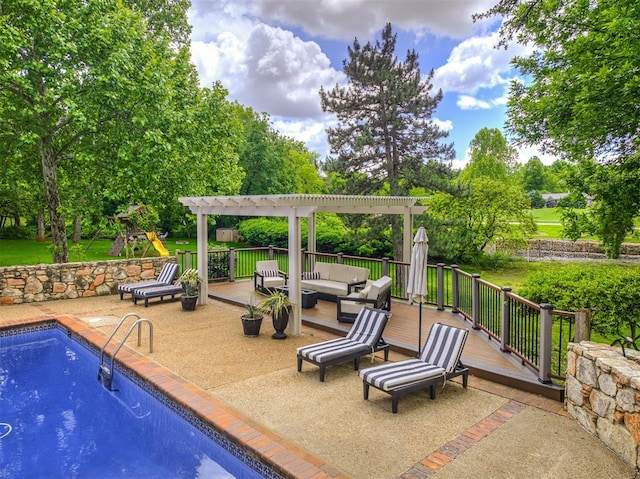 3108 Brush Creek Rd, Oklahoma City, OK 73120 - view of swimming pool with an outdoor hangout area, a wooden deck, and a pergola