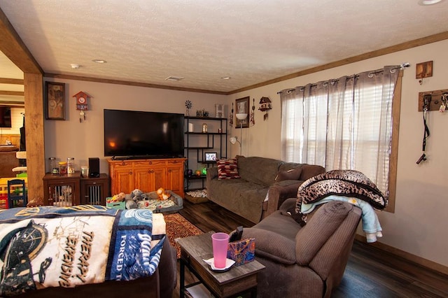 living area featuring crown molding, a textured ceiling, baseboards, and wood finished floors