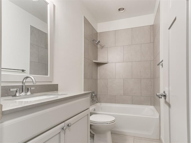 bathroom with toilet, tile patterned floors, shower / tub combination, and vanity